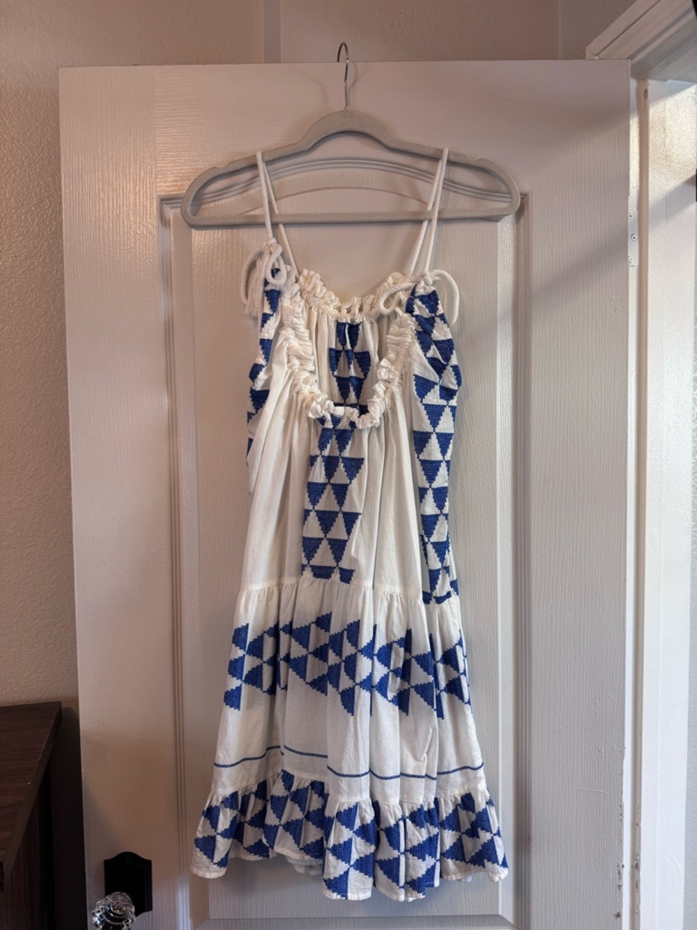 Greek Arcgaic Kori - White Mini Dress with Blue Embroidery